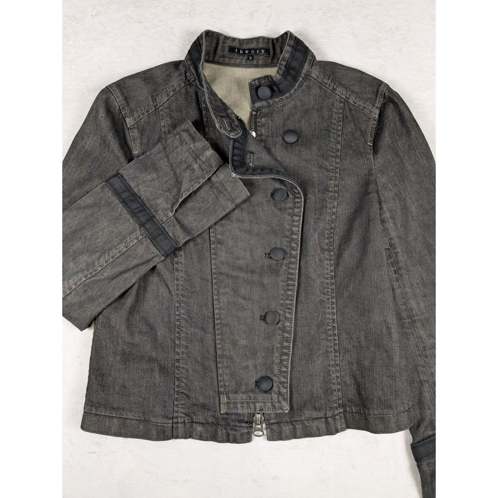 VTG Theory Women's Gray Denim Jacket Snap Front‎ Collarless Blazer Made USA Sz M